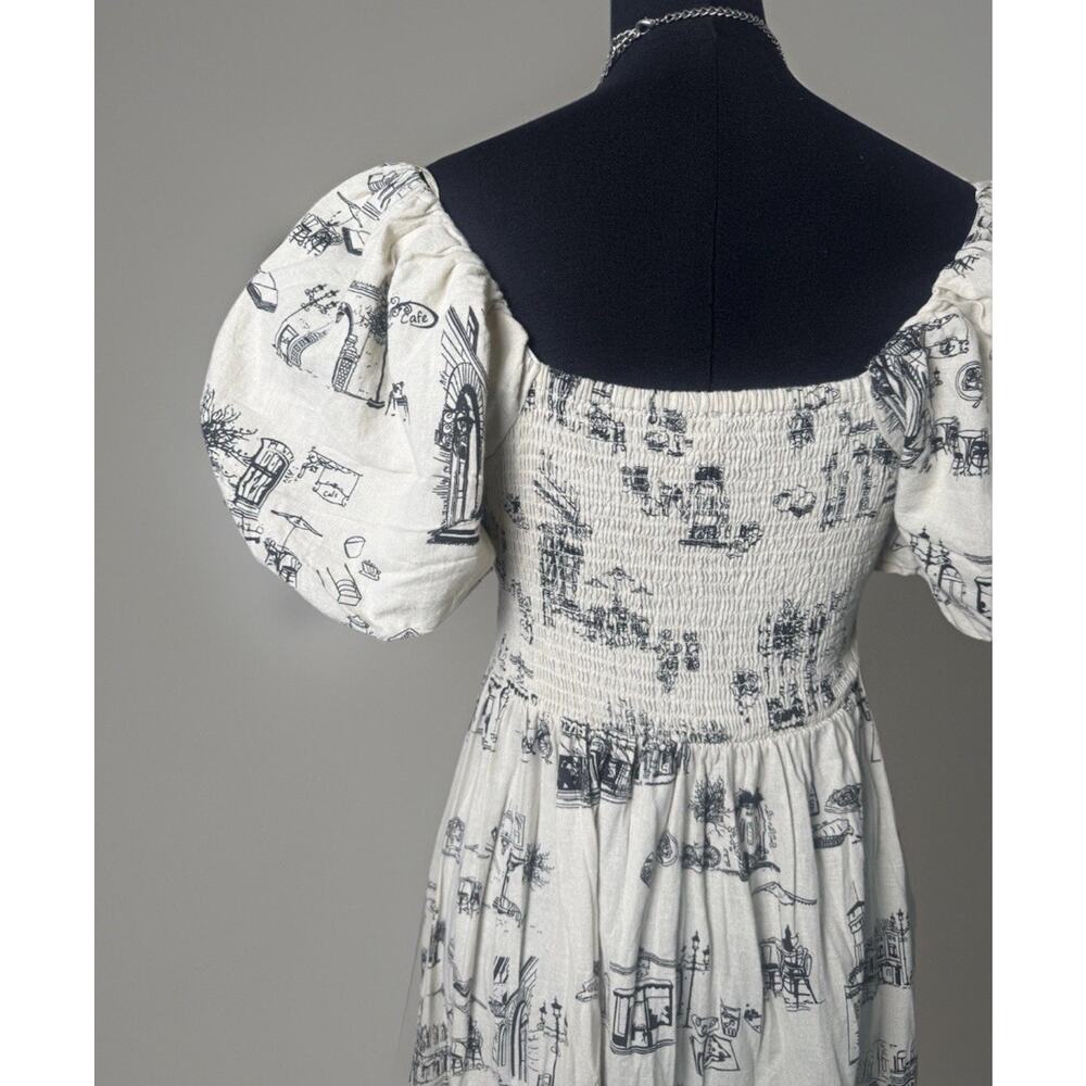 Paris Café Toile Print | Linen Blend | Puff Sleeve | Cottagecore | Midi Dress - Picture 5 of 7
